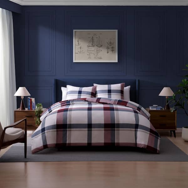 Prospect Park Plaid 3-Piece Eggshell White/Blue/Red Cotton Percale Full/Queen Duvet Cover Set