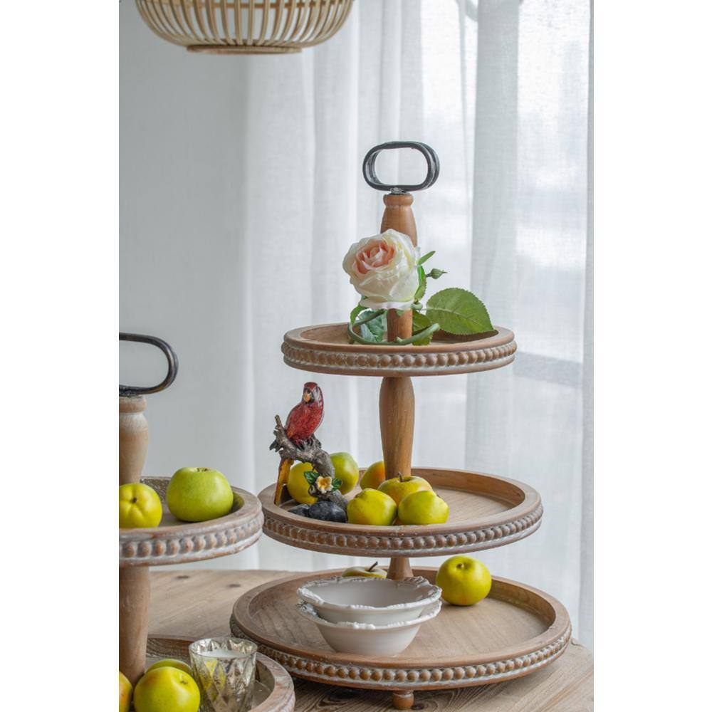 Antique Whitewash 3-Tier Wooden Serving Tray with Metal Handle