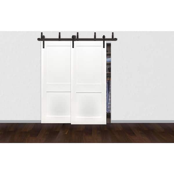 72 in. x 80 in. Bypass Shaker Unfinished 2-Panel Solid Core Prime Pine Sliding Barn Door with Bronze Hardware Kit