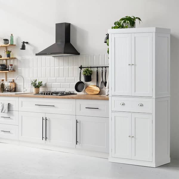 72 in. Storage Freestanding Utility Cabinets with 3 Adjustable Shelves Pearl White Tall Food Buffet Pantry Organizers
