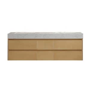 60 in. W x 21 in. D x 21 in. H Double Sink Wall-Mounted Bath Vanity in Maple with White Engineered Stone Top
