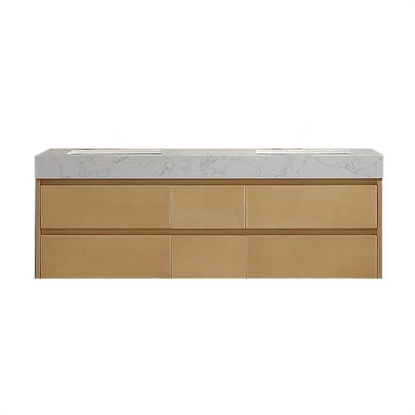 JimsMaison 60 in. W x 21 in. D x 21 in. H Double Sink Wall-Mounted Bath Vanity in Maple with White Engineered Stone Top