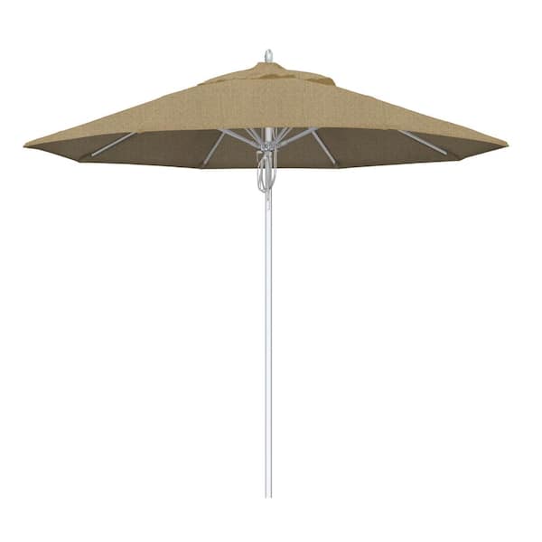 9 ft. Silver Aluminum Commercial Fiberglass Ribs Market Patio Umbrella and Pulley Lift in Linen Sesame Sunbrella