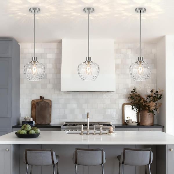 RayHome 1-Light Brushed Nickel Adjustable Height Pendant Light with Apple-Shaped Hammered Glass for Kitchen Bedroom