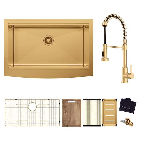 Glacier Bay 33 in. Farmhouse/Apron-Front Single Bowl 18-Gauge Gold Stainless Steel Workstation Kitchen Sink with Spring Neck Faucet