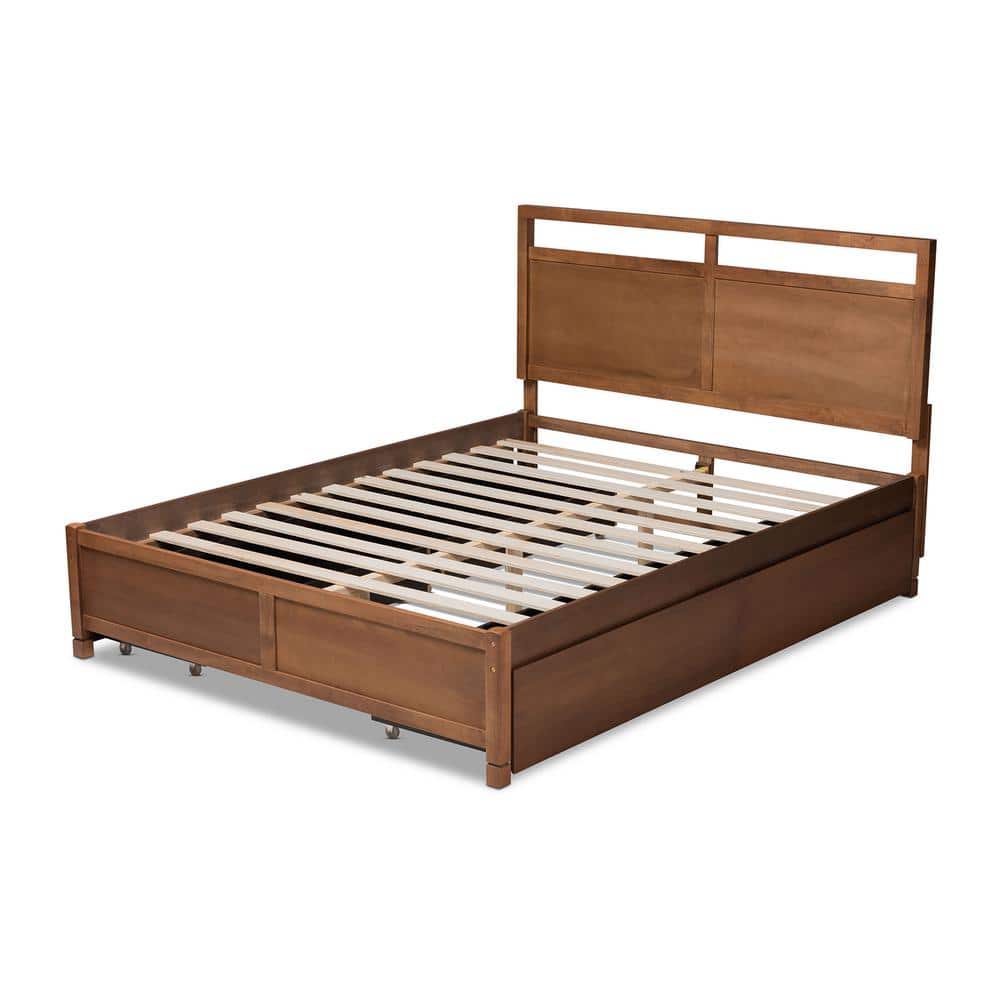 Walnut Brown Full Size Wood Storage Bed with Tufted Upholstery