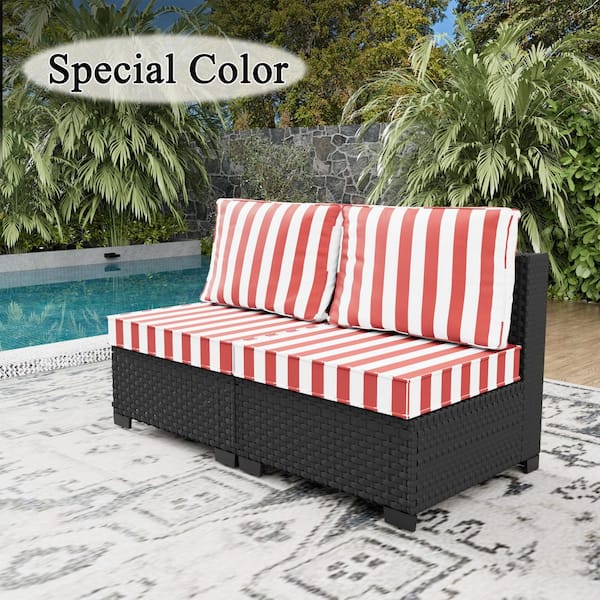 2-Piece Rattan Wicker Outdoor Patio Conversation Sofa Seating Set with Striped Red Cushions and Sofa Protection Cover