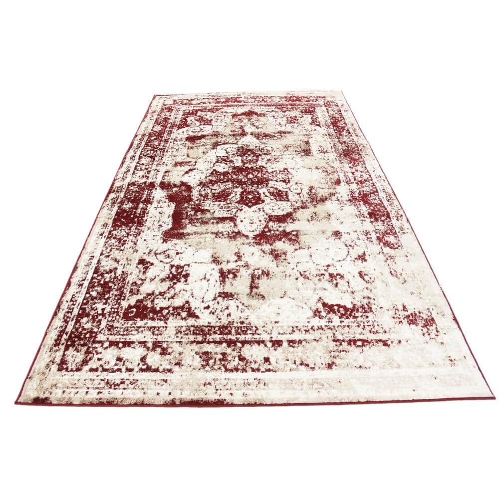 Burgundy and Tan Low Pile Synthetic Area Rug