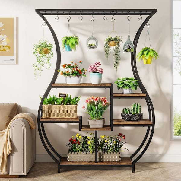 Wellston 70.9 In.Tall Brown Black Wood 6-Tier Plant Stand Shelf 10 Hanging Hooks Vase Shape Ladder Multi-Purpose Rack