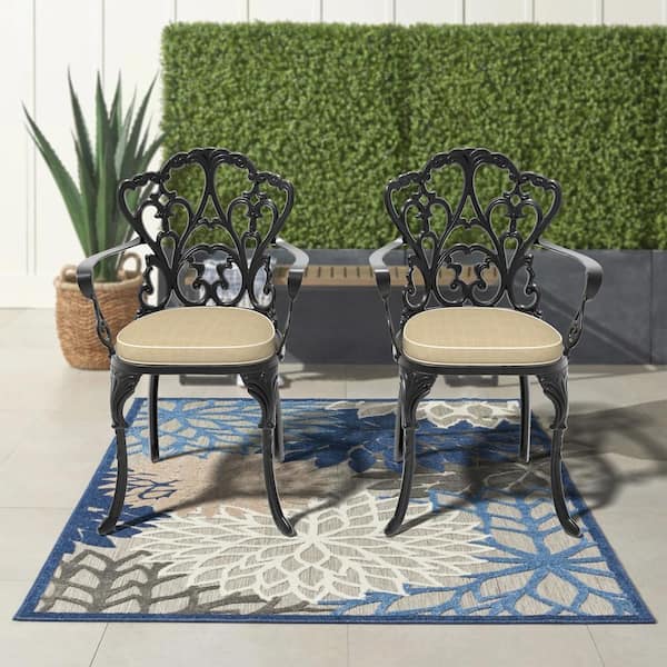 Black Cast Aluminum Patio Outdoor Dining Chairs with Off-white Seat Cushions (Set of 2)