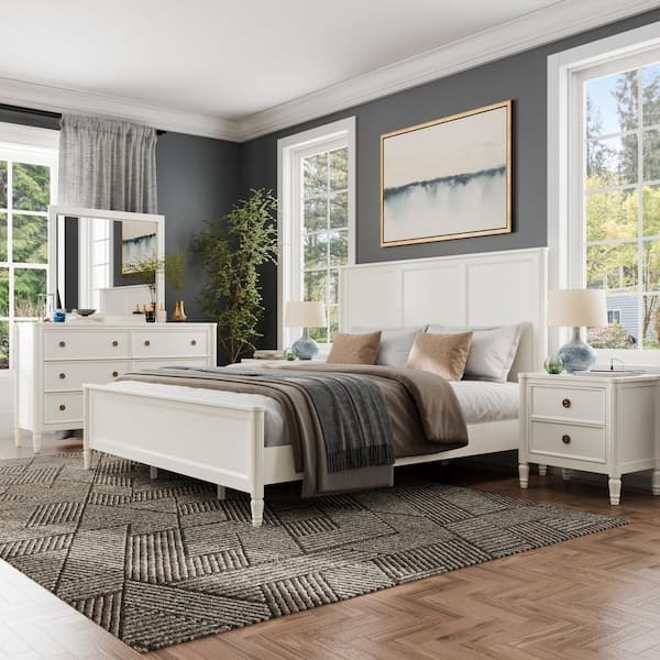 Furniture of America Whitfield 5-Piece White Wood Frame Queen Panel Bedroom Set with Antique Gold Ring Pull on Casegoods and Arrow Feets