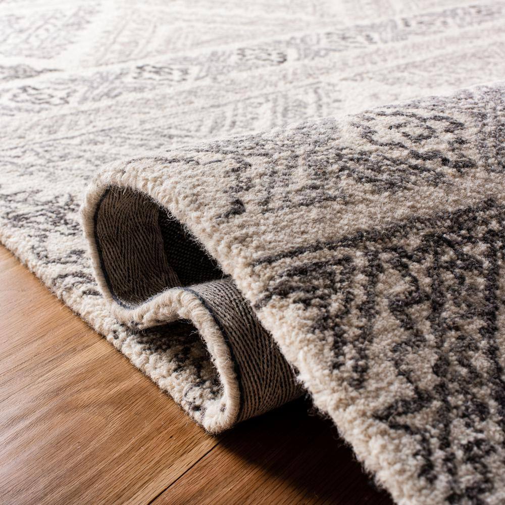 Ivory and Light Brown Geometric Wool 4' x 6' Handmade Tufted Rug
