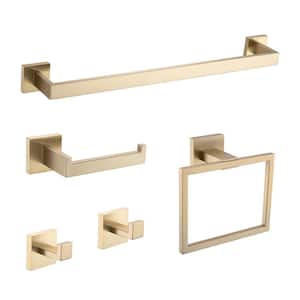 Buito 5-Piece Bath Hardware Set Included Towel Bar, Towel Ring, Toilet Paper Holder, 2 Robe Hook in Brushed Gold