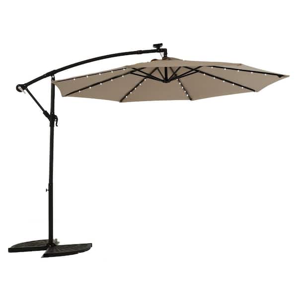 Sudzendf 10 ft. Umbrella Solar Powered LED Lighted Sun Shade Market Waterproof 8 Ribs Umbrella with Crank and Cross Base