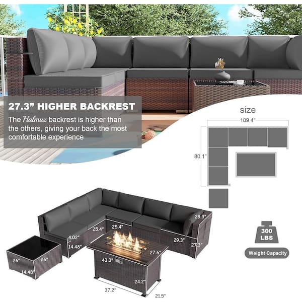 8-Piece Wicker Patio Conversation Set with 55000 BTU Gas Fire Pit Table and Glass Coffee Table and Grey Cushions