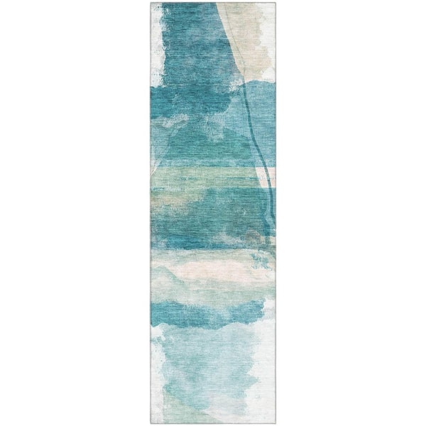 Mayfield Premium Machine Washable Abstract AMF2033 Teal 2 ft. x 7 ft. Runner Rug