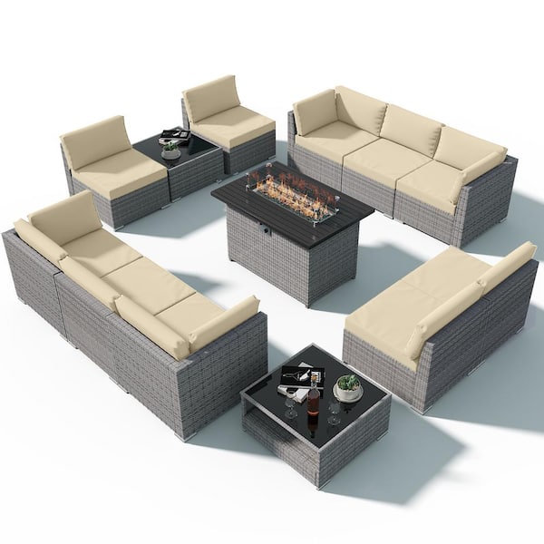 EAGLE PEAK 13-Piece Outdoor Wicker Patio Furniture Set with Fire Table and 2 Coffee Tables, Beige