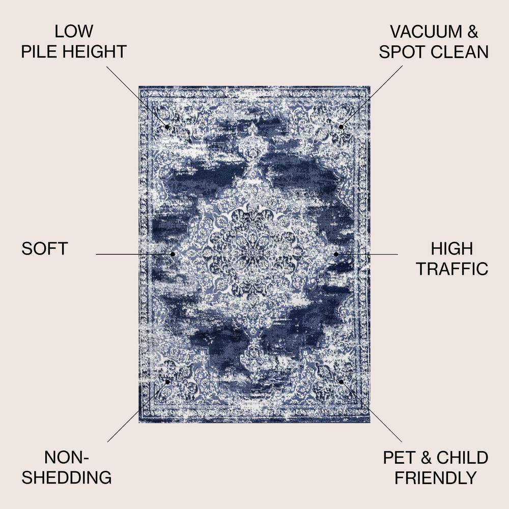 Navy and Ivory Synthetic Medallion 4' x 6' Area Rug