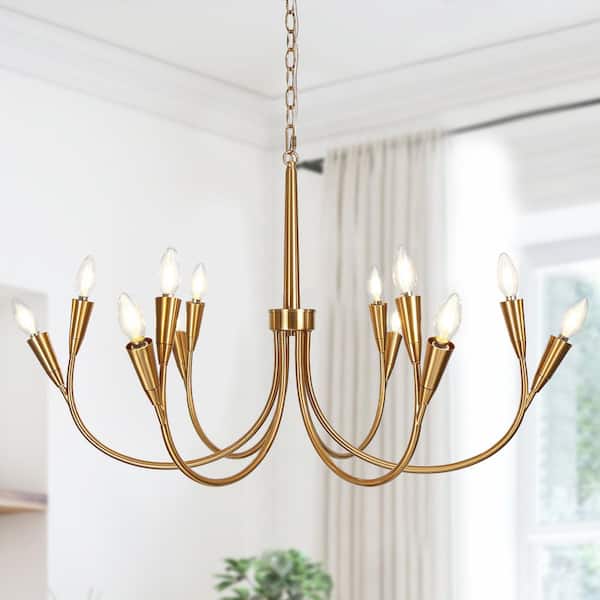 Modern 36.5 in. 12-Light Brass Candlestick Chandelier for Dining Room with Curved Arms, Kitchen Island Ceiling Light