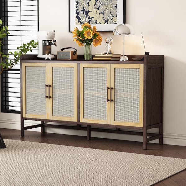 Natural Walnut Wood 60 in. Sideboard with Decorative Rattan Doors and Adjustable Shelves