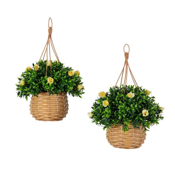 13 in. UV Resistant Green Artificial Mini Rose and Aptenia in Woven Hanging Basket (Indoor/Outdoor) - Set of 2