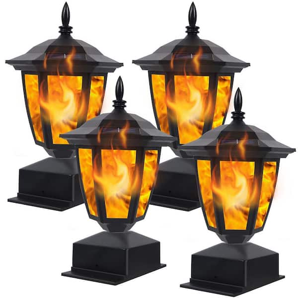 5.5 in. x 3.5 in. Outdoor Solar Flame Post Lights for Garden Deck Patio 4x4,5x5 or 6x6 Wooden Posts, Black (4-Pack)