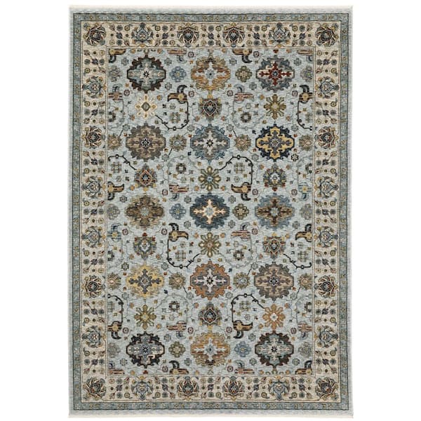 Ambrose Blue/Ivory 10 ft. x 13. ft. Vintage Oriental Medallion Polyester Fringe Edge Indoor Area Rug