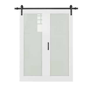 60 in. x 80 in. 1 Lite Tempered Frosted Glass White Primed Bifold Sliding Barn Door with Hardware Kit
