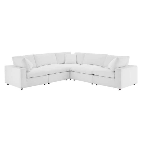 MODWAY Commix 119 in. 5-Piece White Down Filled Overstuffed Performance Velvet Sectional Sofa