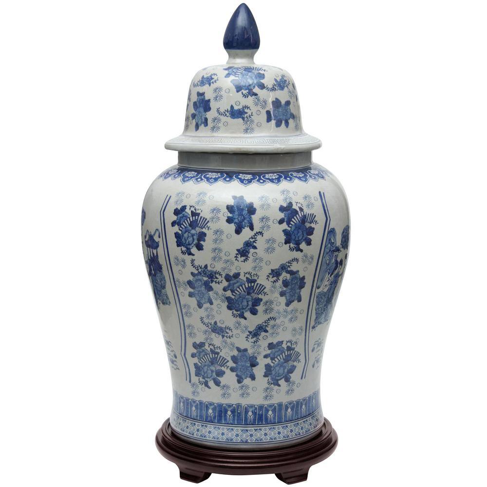 32" Blue and White Porcelain Temple Jar with Floral Design