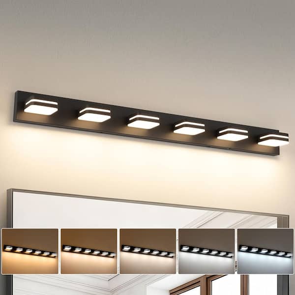47.24 in. 6-Light Black Bathroom LED Vanity Light with 5-CCT Adjustable Switch and Acrylic Lampshade