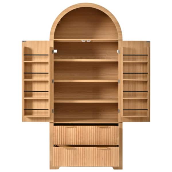 72 in. Tall Mid Century Modern Arched Fluted Pantry Cabinet with 2 Drawers and 8 Shelves, Natural