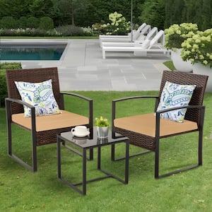 3-Pieces Outdoor Patio Brown Wicker Bistro Set with khaki Cushions and Coffee Table for Balcony,Front Porch,Apt,Poolside