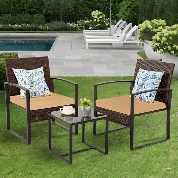 JUSKYS 3-Pieces Outdoor Patio Brown Wicker Bistro Set with khaki Cushions and Coffee Table for Balcony,Front Porch,Apt,Poolside