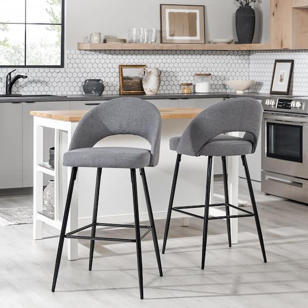 Walker Edison Furniture Company 30 in. Charcoal High Back Modern Metal-Leg Cushioned Bucket Bar Stool with Fabric Seat (Set of 2)