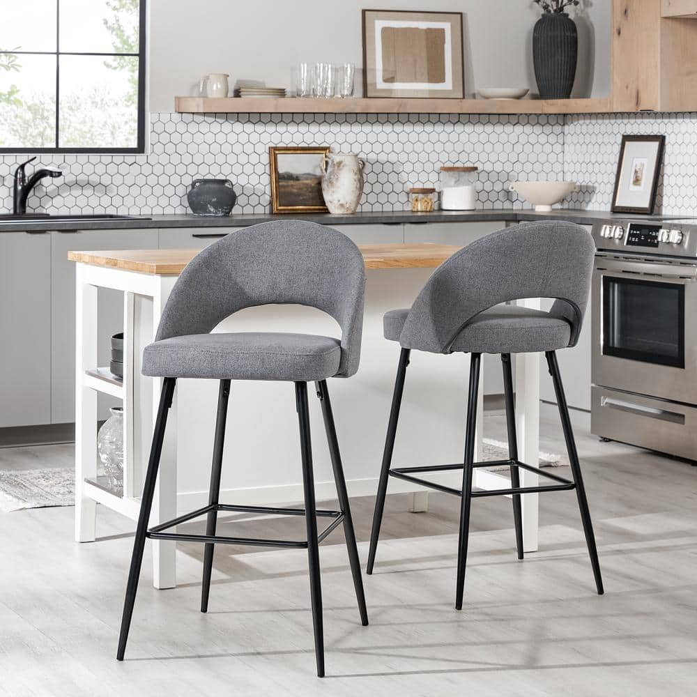 Welwick Designs 30 in. Charcoal High Back Modern Metal Leg Cushioned Bucket Bar Stool with Fabric Seat Set of 2 HD9885 The Home Depot