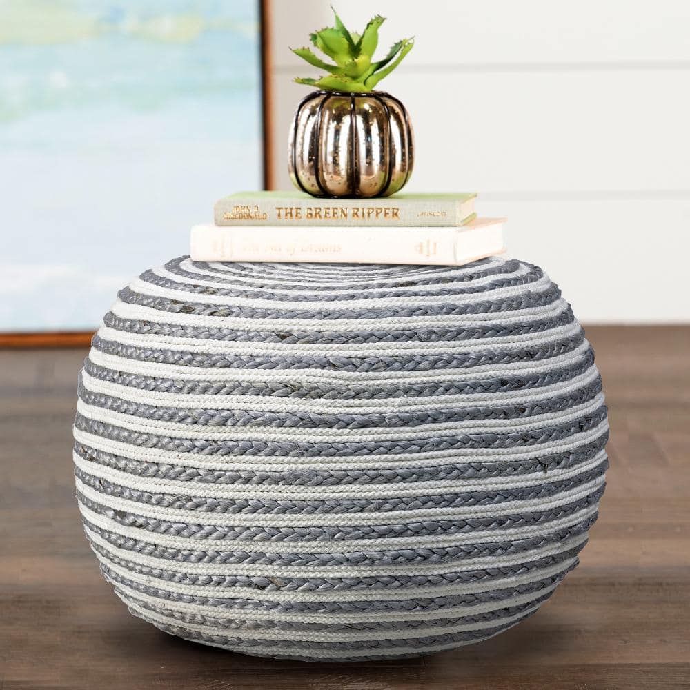 Gray and White Braided Jute Round Pouf, 20"