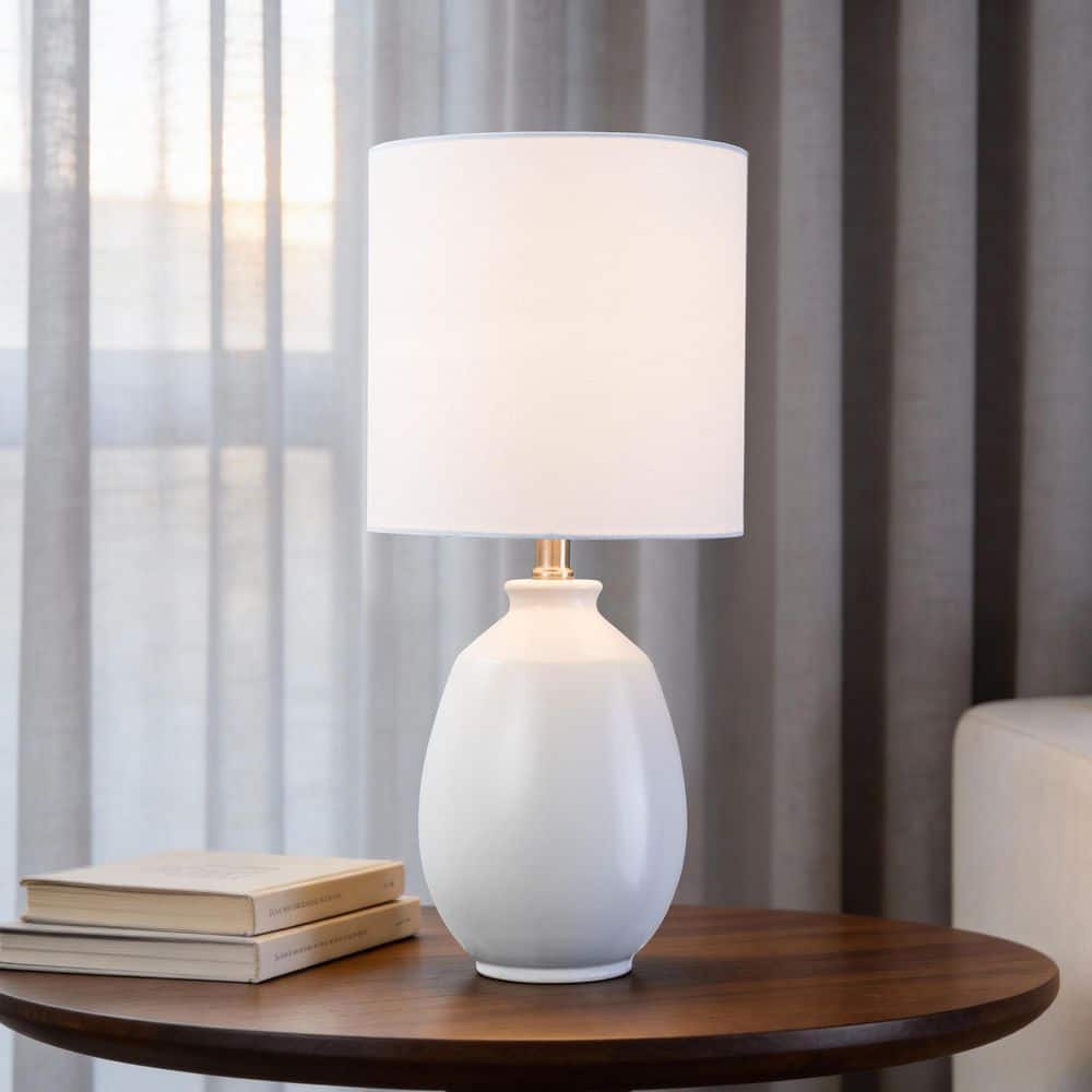 19.75 in. Plug-In White Glossy Ceramic Table Lamp with White Linen and Nickel Lamp Neck for Bedroom/Foyer/Living Room price history on PriceWatchPro