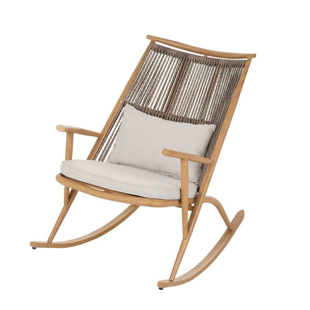 Maria Patio Maple Finish Metal Frame Outdoor Rocking Chair with Light Gray Cushions, Gray PE Rattan Woven Backrest