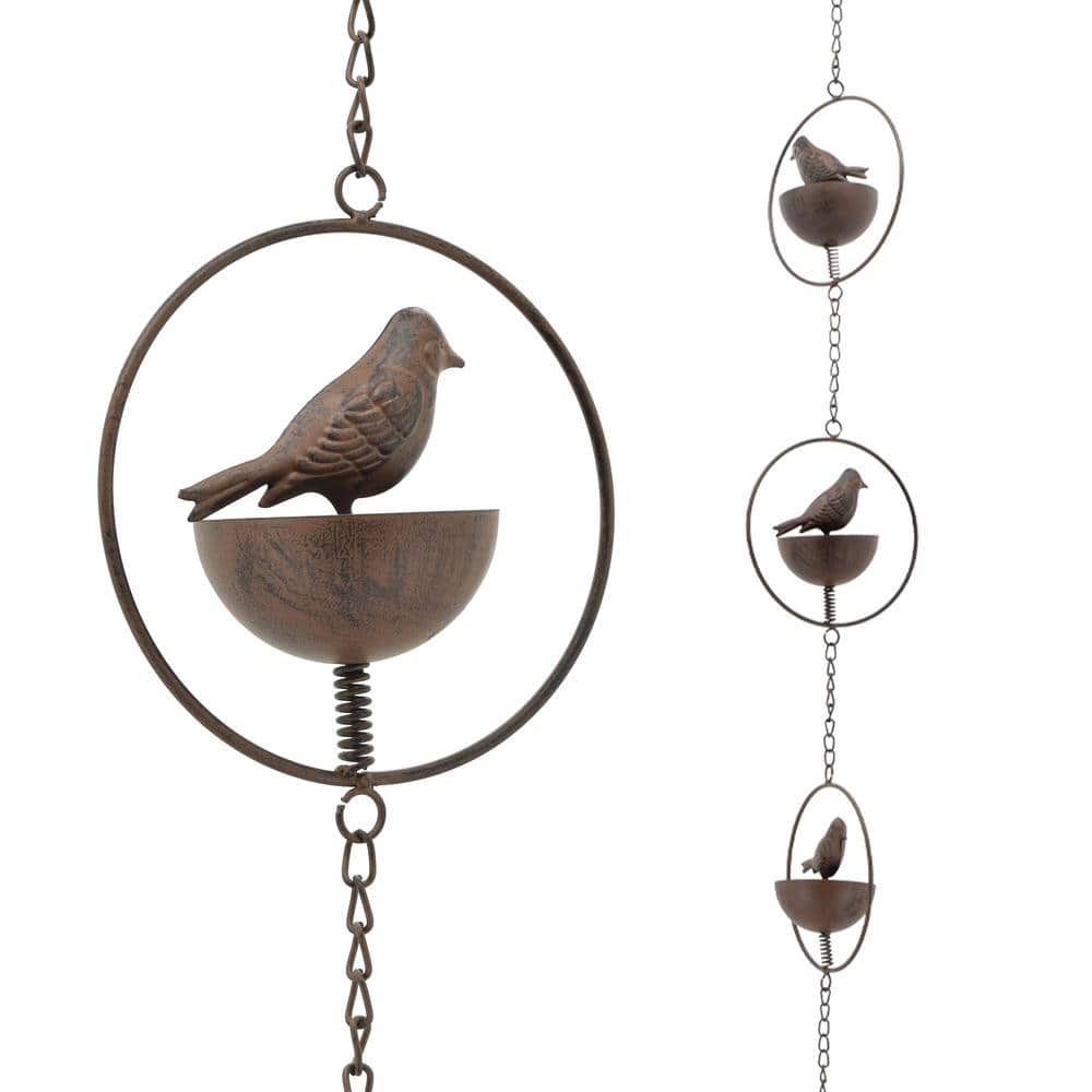 Bronze Perched Bird Metal Rain Chain with 7 Cups