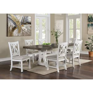 Wicks 7-Piece Rectangle Distressed White and Gray Wood Top Dining Table Set