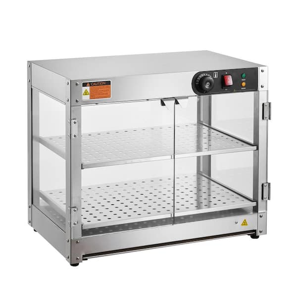 2-Tier Silver Food Warmer Display, 800W, 58L Capacity Buffet Server, 86°F~185°F Temp Control for Pizza with 1 Crocks