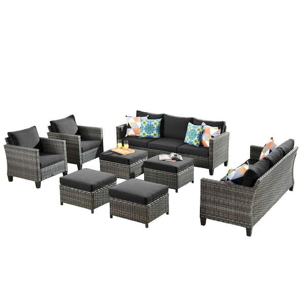 New Vultros Gray 8-Piece Wicker Outdoor Patio Conversation Seating Set with Black Cushions