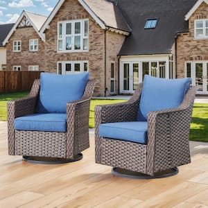 Brown Wicker Outdoor Rocking Chairs, 2-Piece Swivel Glider Chairs Set with Navy Blue Cushions for Porch, Deck, Backyard