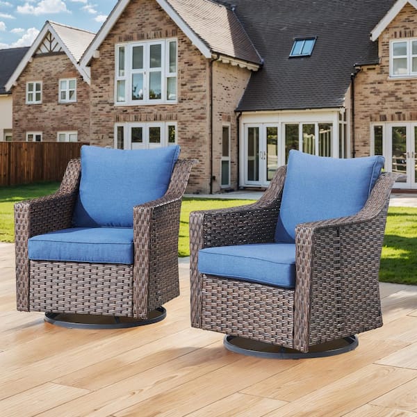 Opohoro Brown Wicker Outdoor Rocking Chairs, 2-Piece Swivel Glider Chairs Set with Navy Blue Cushions for Porch, Deck, Backyard