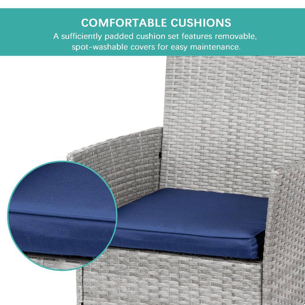 Gray Wicker 3-Piece Patio Bistro Set with Navy Cushions