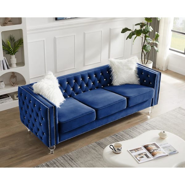 Mid-Century 83 in. Straight Arm Velvet Rectangle Adjustable Headrests Sofa in Blue