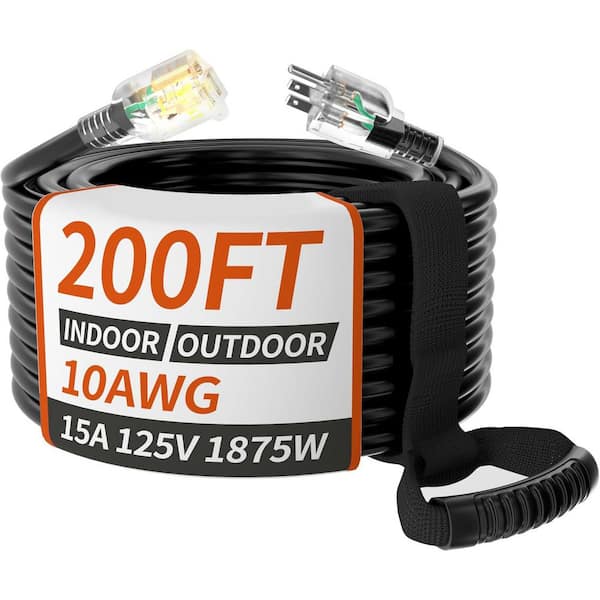 200ft 10/3 Gauge Outdoor Waterproof Extension Cord with Lighted Indicator Heavy Duty 15Amp 1875W 3 Prong