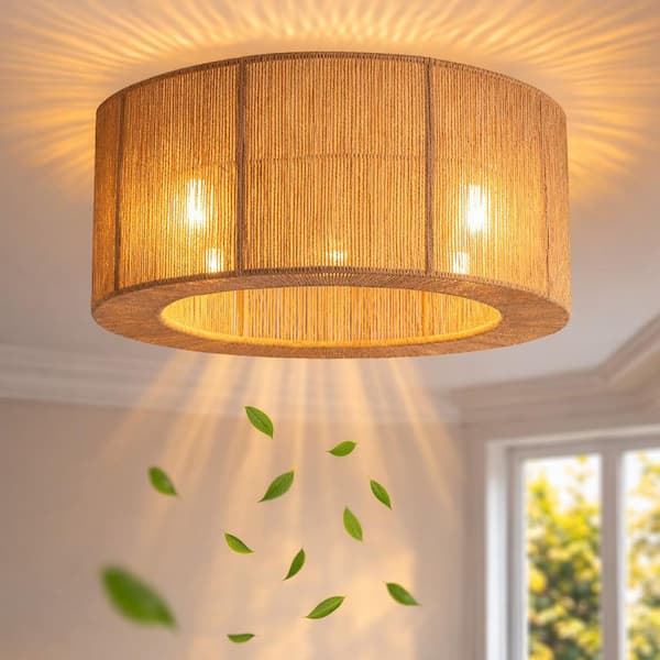 18 in. Indoor Boho Rattan Caged White Low Profile Bladeless Ceiling Fan with Light and Remote, Flush Mount Ceiling Fan