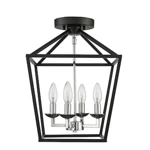 Weyburn 16.5 in. 4-Light Black and Chrome Farmhouse Semi-Flush Mount Ceiling Light Fixture with Caged Metal Shade